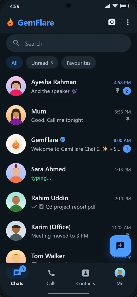 The GemFlare chats list on a phone