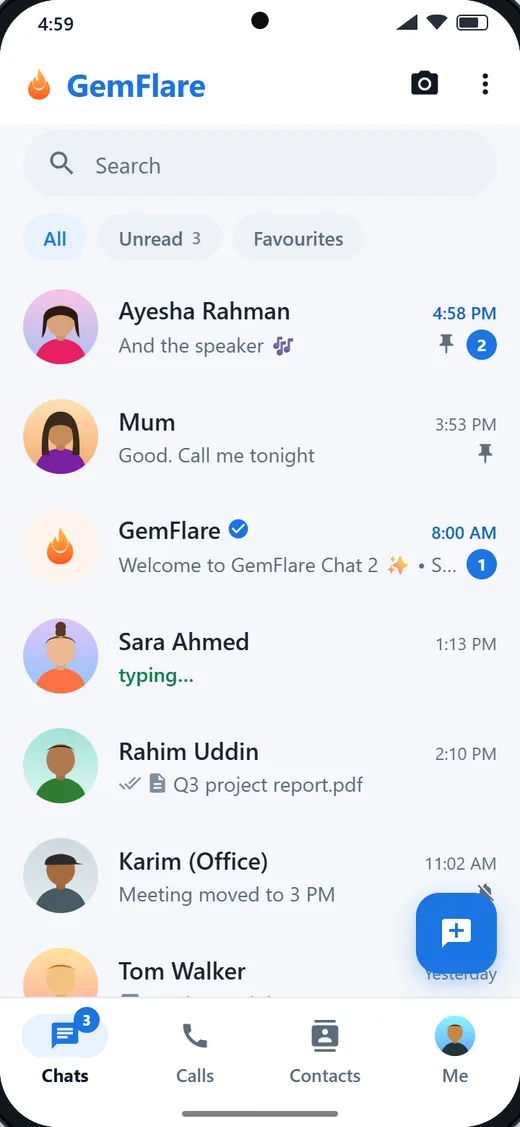 The GemFlare chats list on a phone