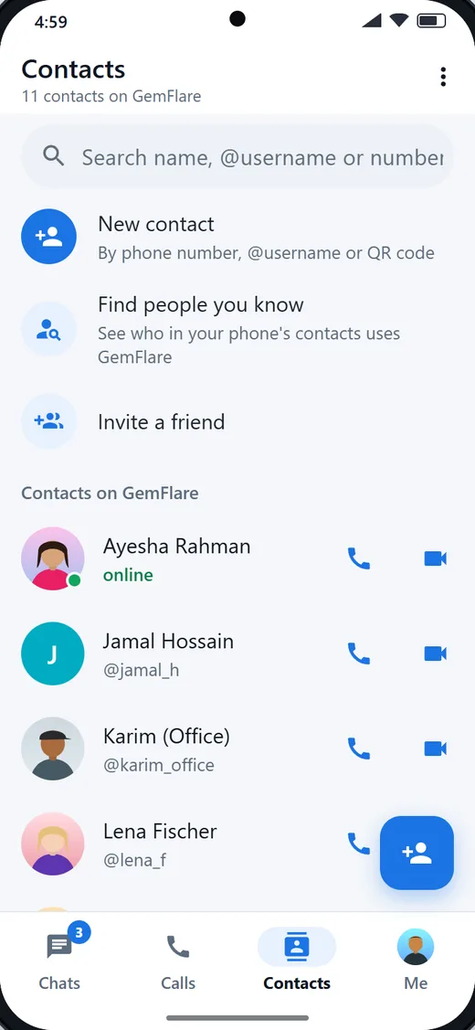The Contacts tab with New contact, Find people and Invite a friend