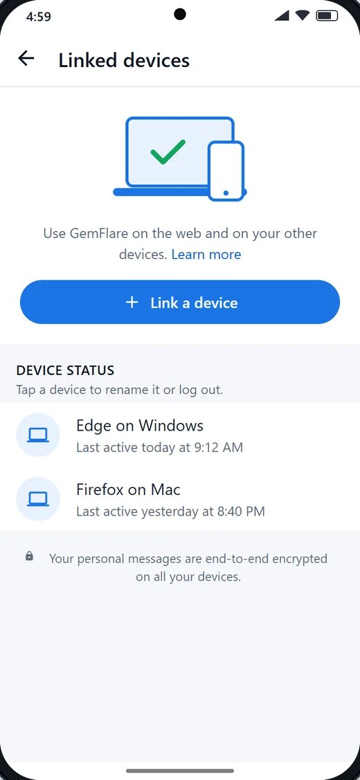 The Linked devices screen listing a browser on Windows and one on Mac