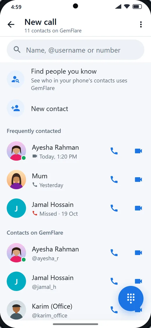 The New call screen: a search box, people you call often, and a keypad