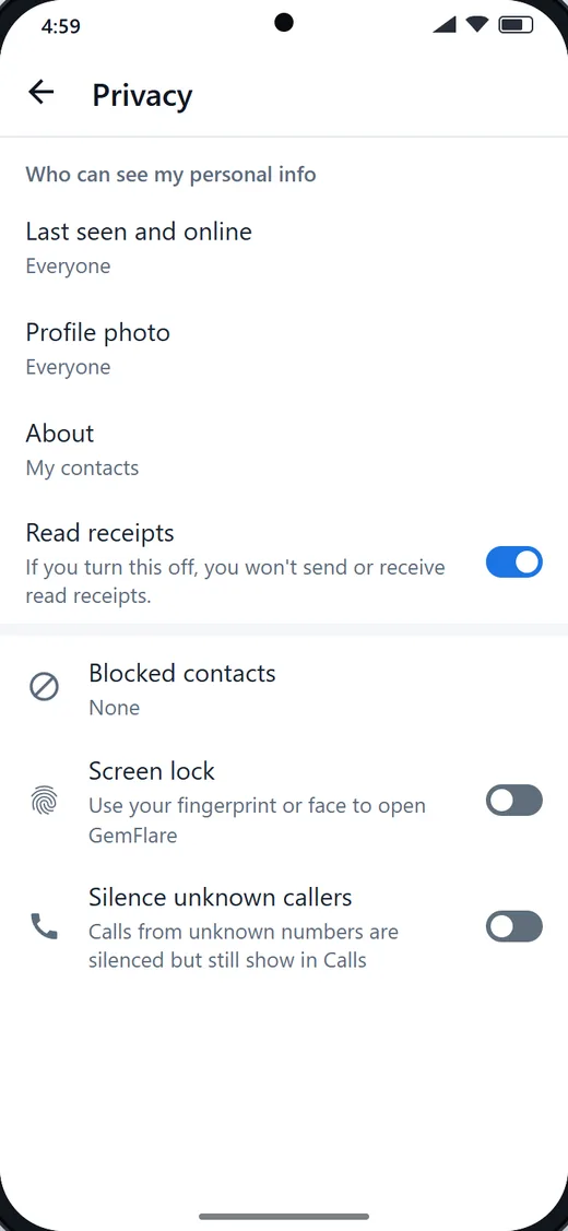 The Privacy settings screen