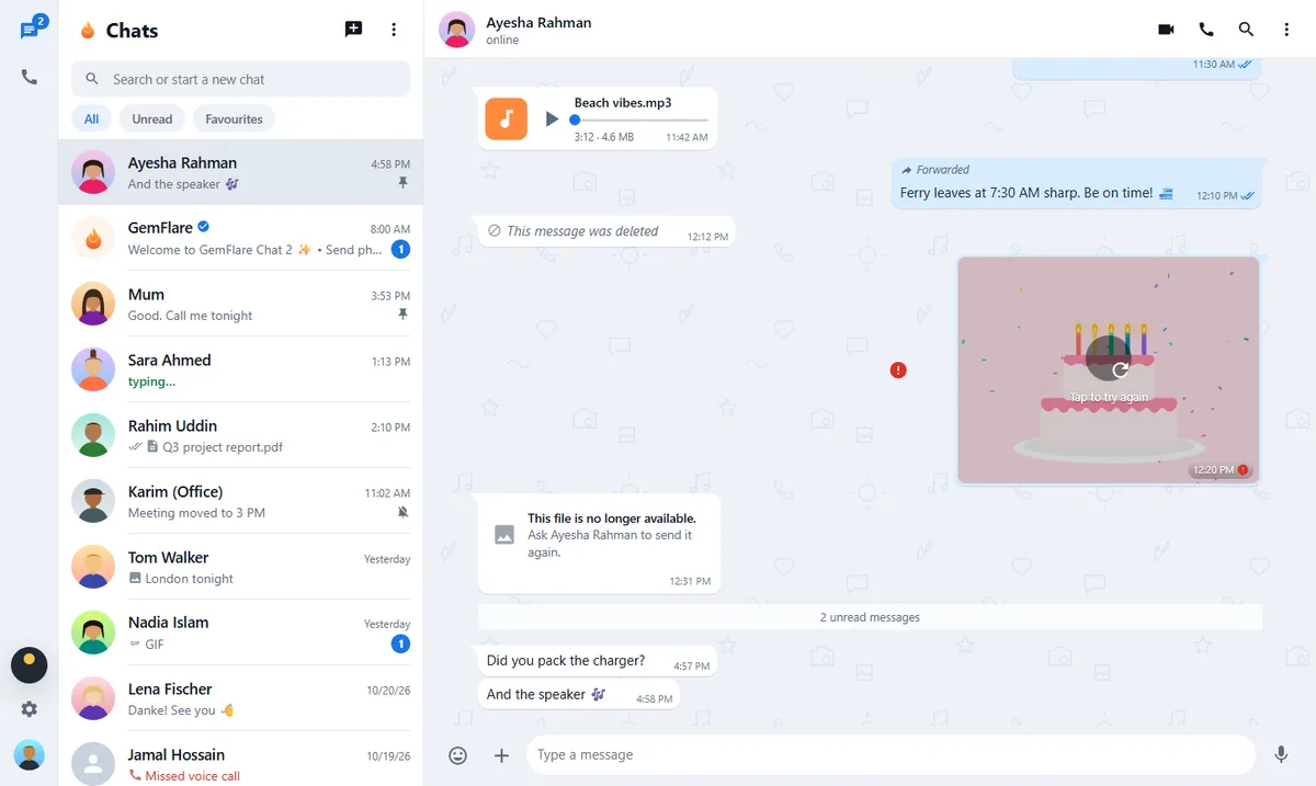 GemFlare Web on a laptop: the chat list on the left, a conversation on the right